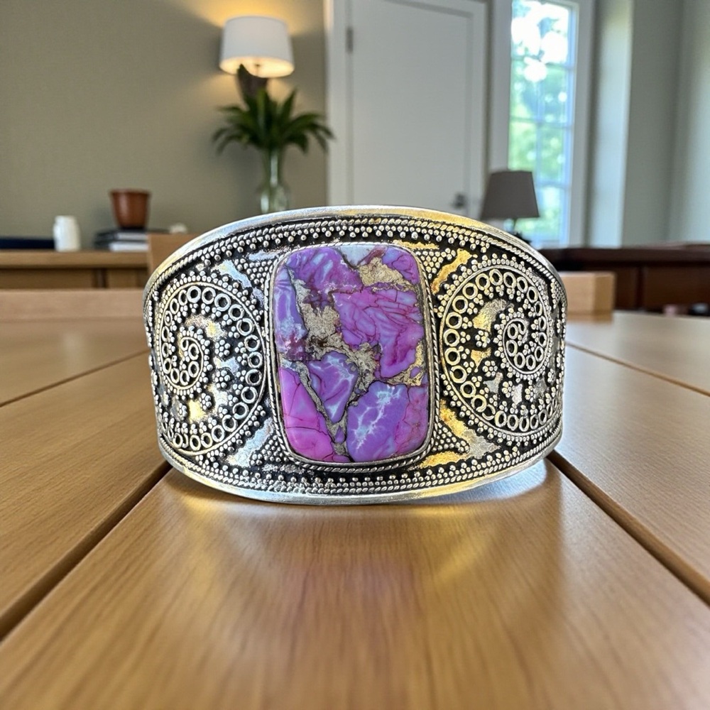 Heavy 67g Vintage Sterling Silver 925 Cuff - 2" Wide with Large 30x20mm Purple M